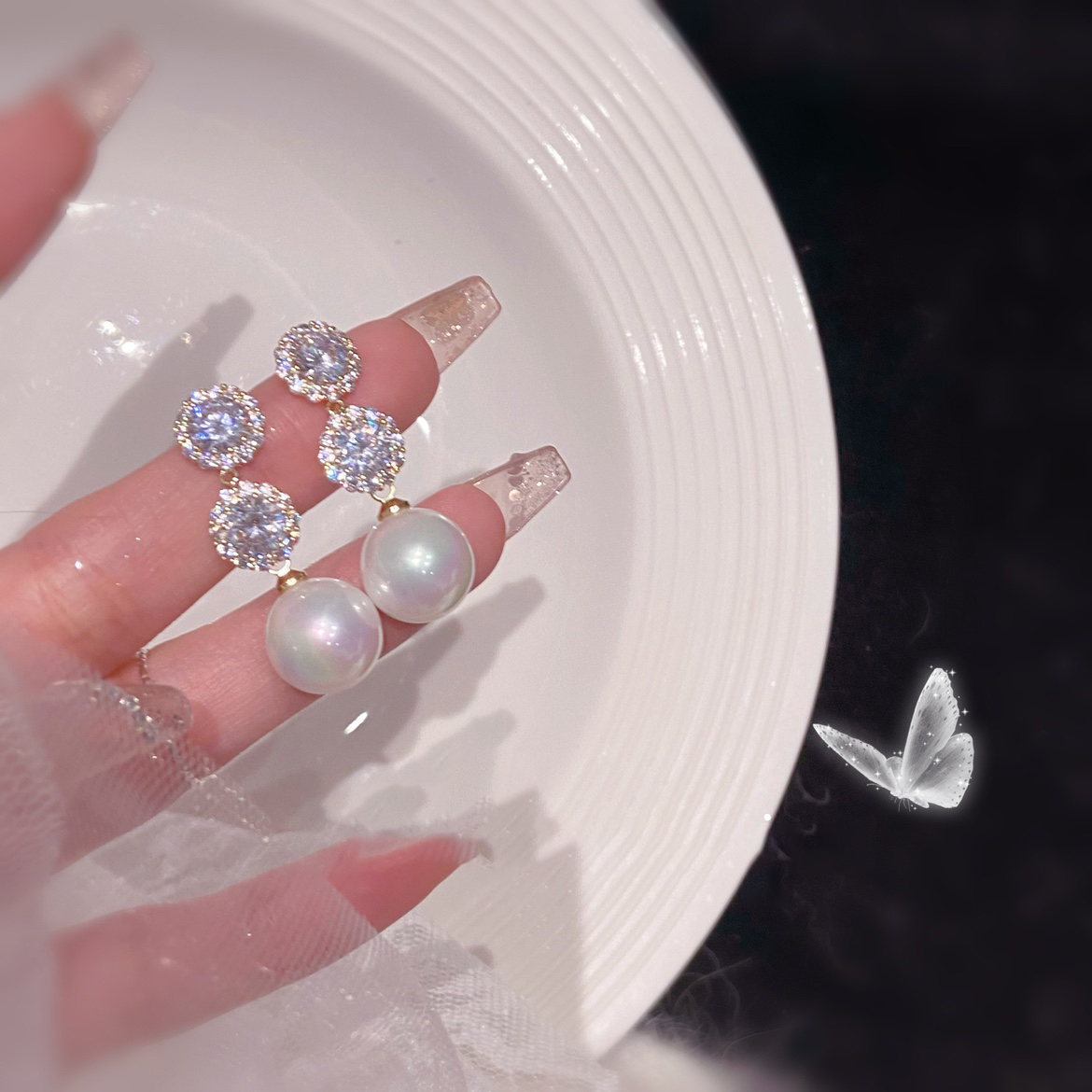 氣質珍珠閃鑽流蘇耳環   