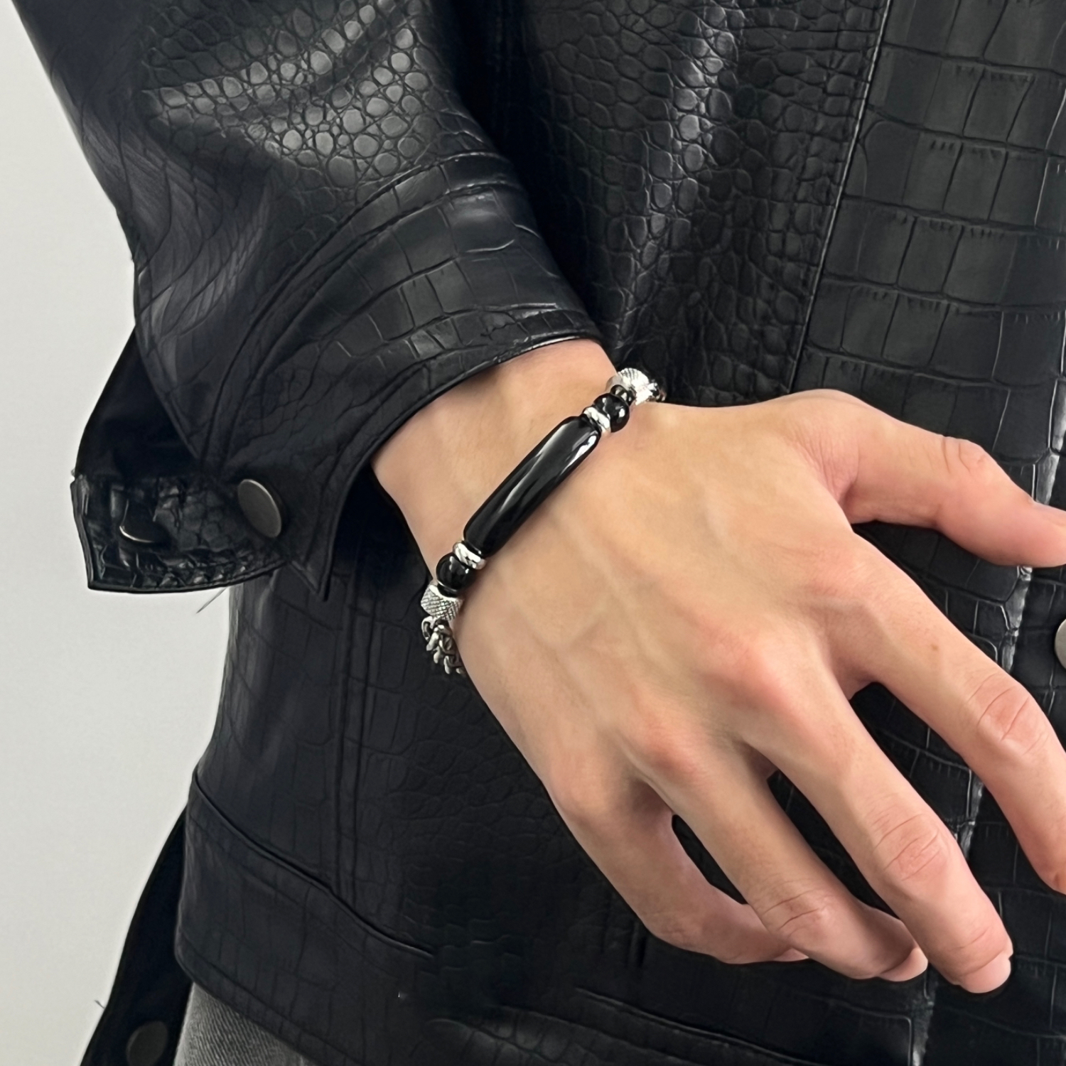 時尚鋼錬條拼接虎眼石鈦鋼男士手錬