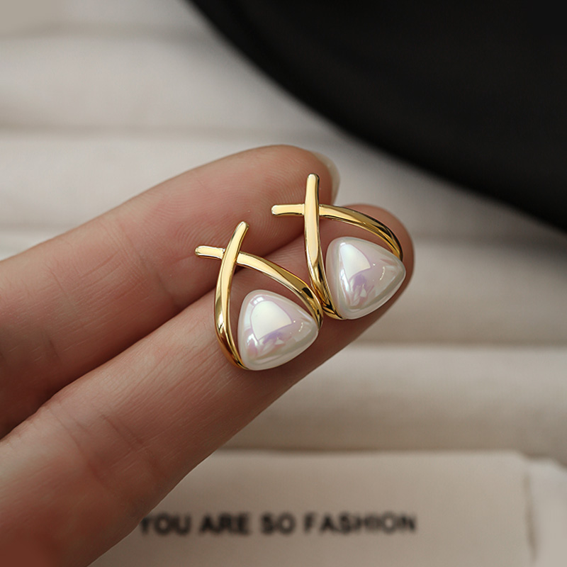 交叉珍珠純銀針耳環