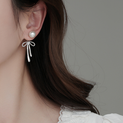 「銀鈴」灰珍珠少女心蝴蝶結耳環