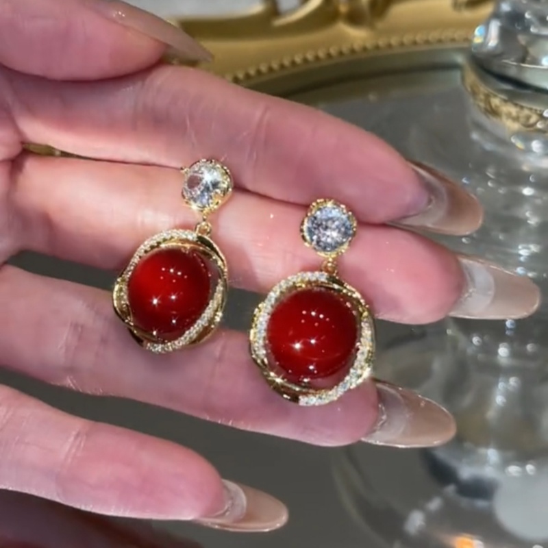 法式復古紅色珍珠耳環