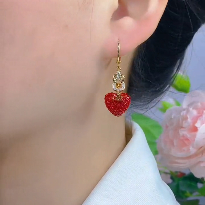 氣質紅色滿鑽愛心耳環