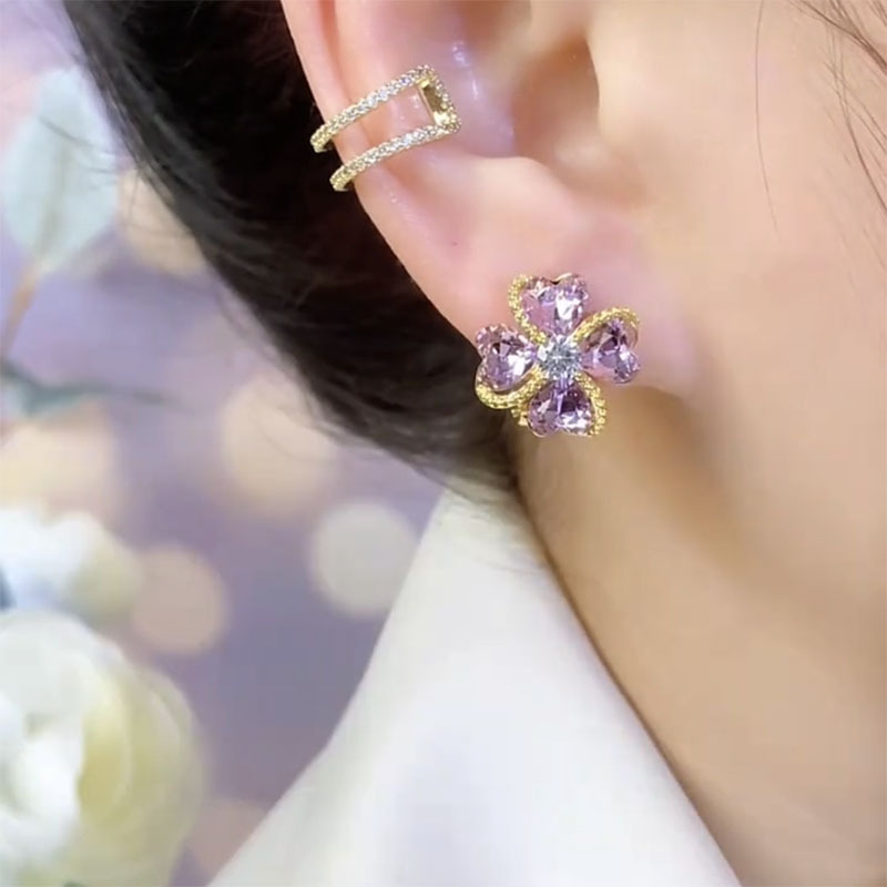 紫色四葉草鋯石花耳環