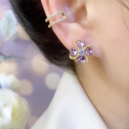 紫色四葉草鋯石花耳環
