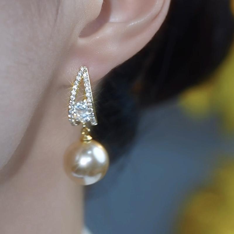 法式閃鑽香檳色珍珠耳環