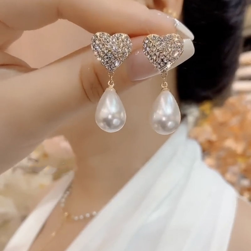 法式滿鑽愛心珍珠耳環