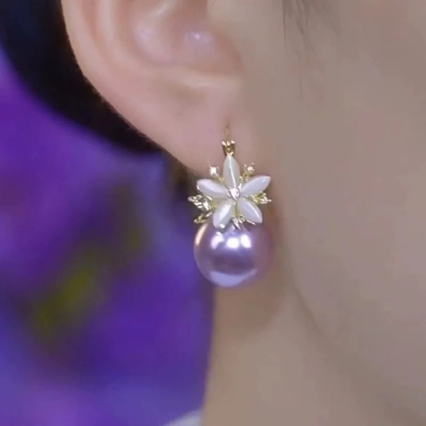 珍珠鋯石雙面花瓣耳環