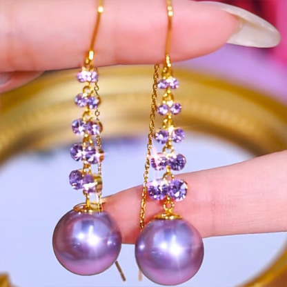 紫色麥穗珍珠流蘇耳環   