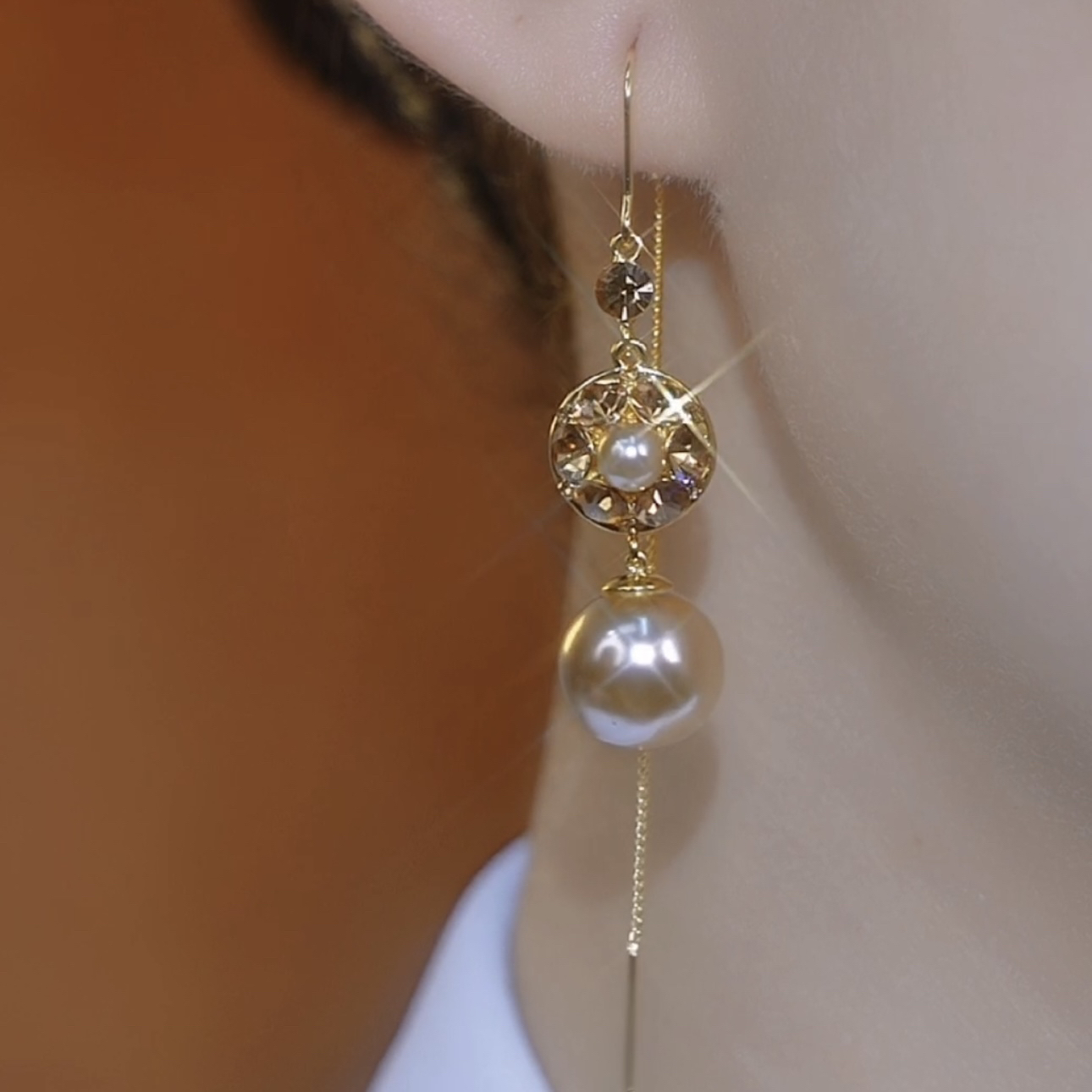 香檳色鑲鑽珍珠長款耳環