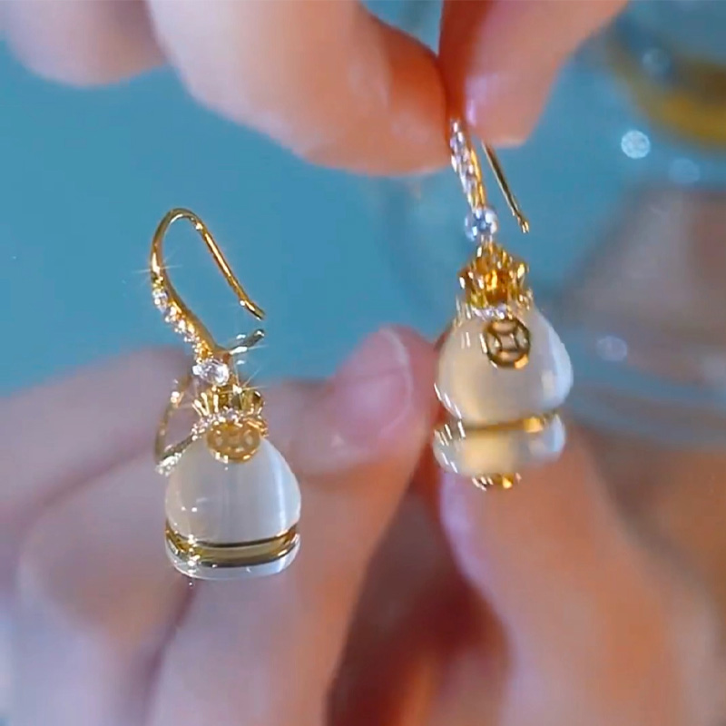 貓眼石錢袋福氣耳環