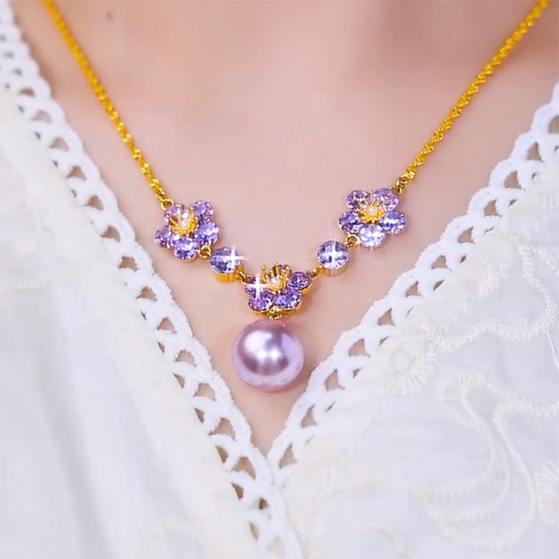 紫色鋯石花朵珍珠項鍊