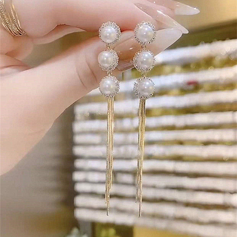 鑲鑽珍珠流蘇耳環 