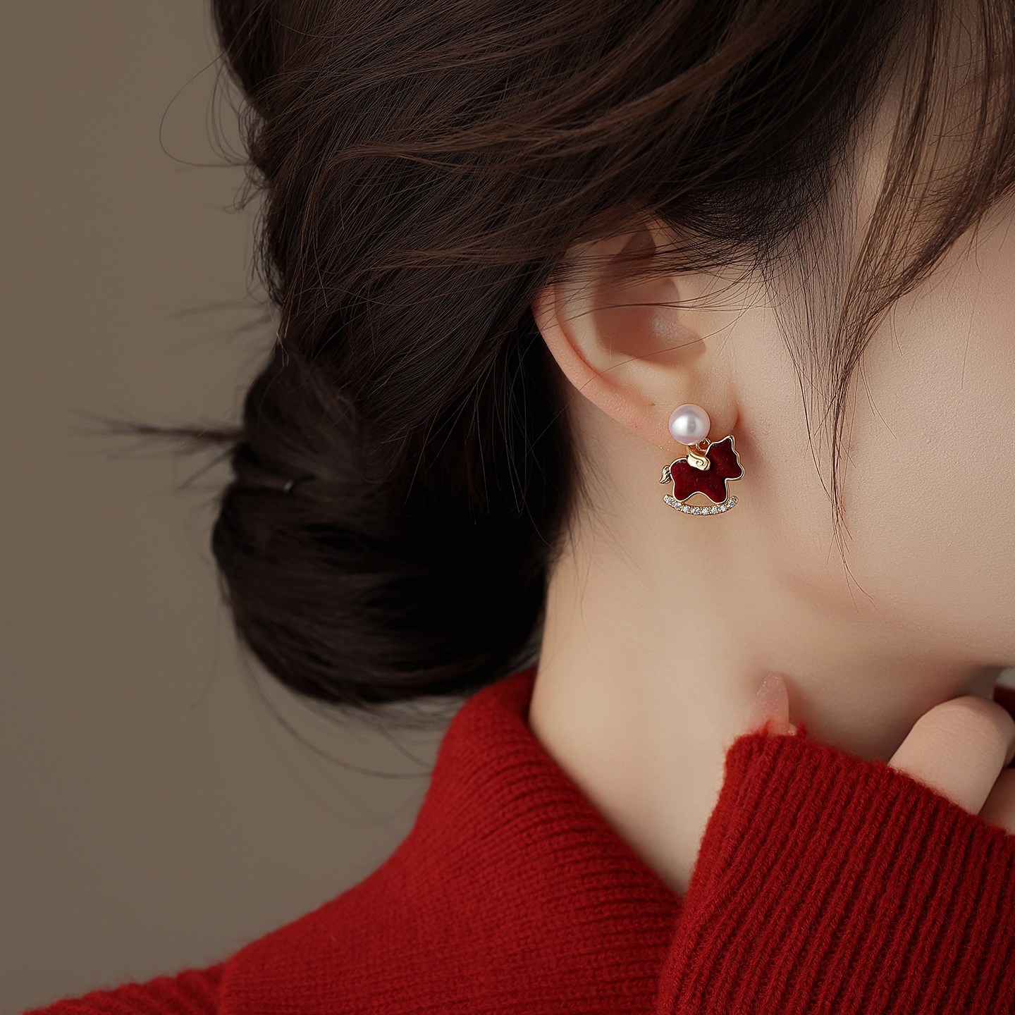 新年紅色珍珠小馬本命年馬年耳環