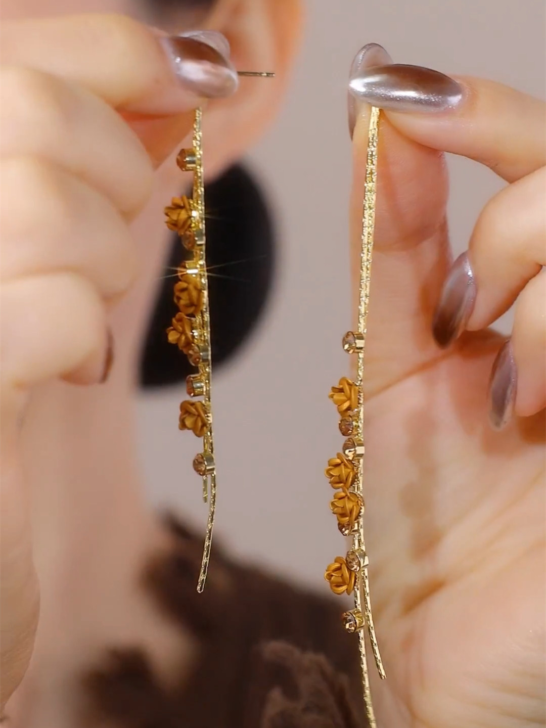 長款茶色玫瑰花流蘇耳環