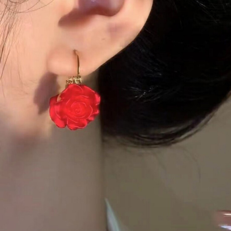 簡約紅色玫瑰花耳環