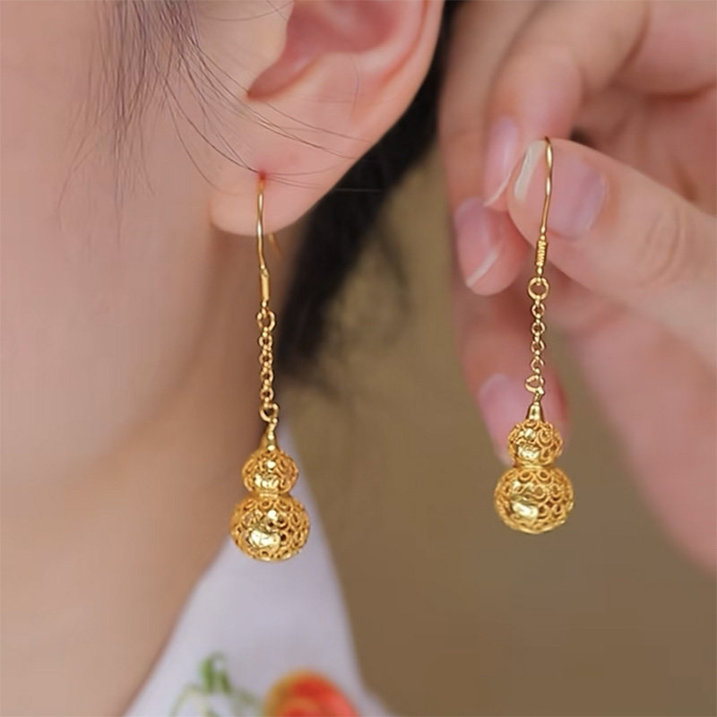 好運福祿金色長款鏤空葫蘆耳環