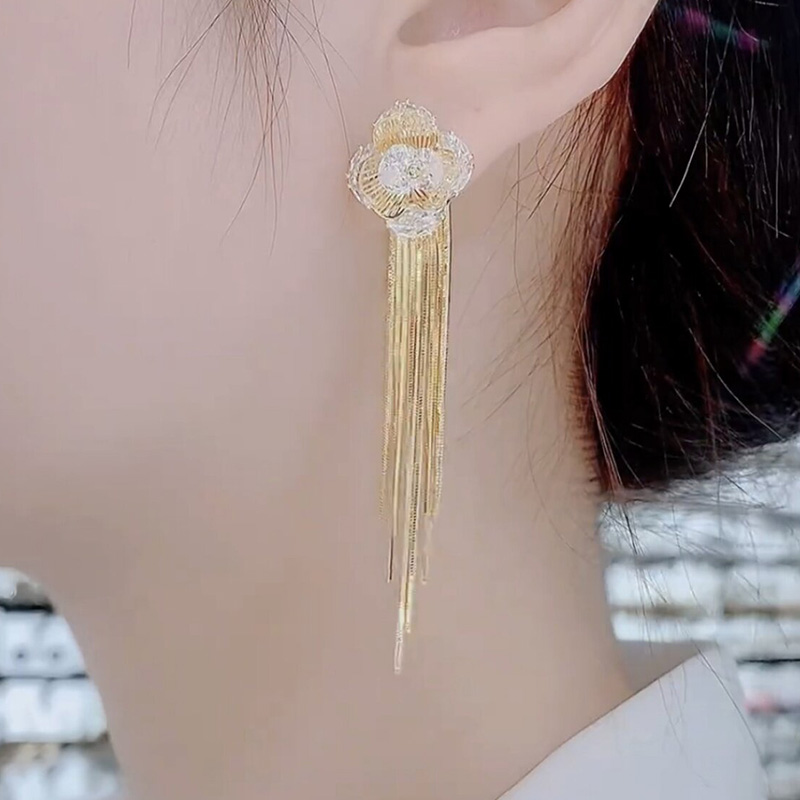 鑲鑽四葉花流蘇耳環