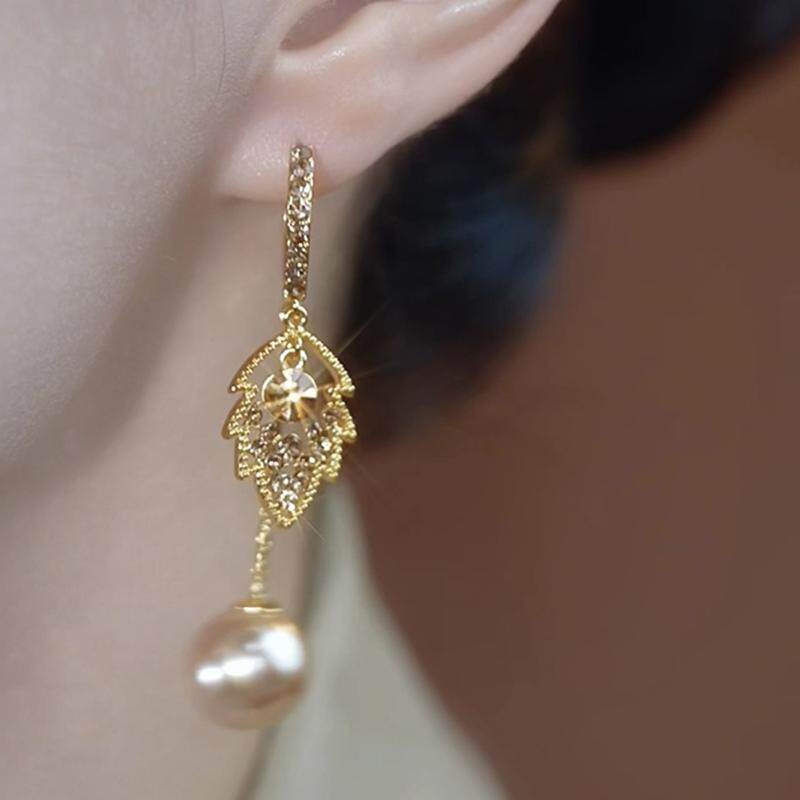 法式咖色滿鑽樹葉珍珠耳環