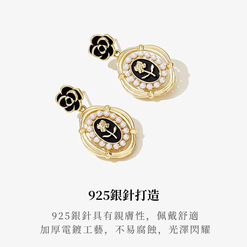 復古法式山茶花耳環  925純銀  