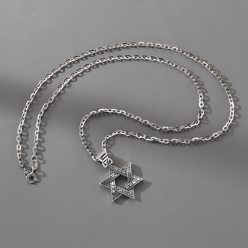 S925銀潮男嘻哈六芒星項錬