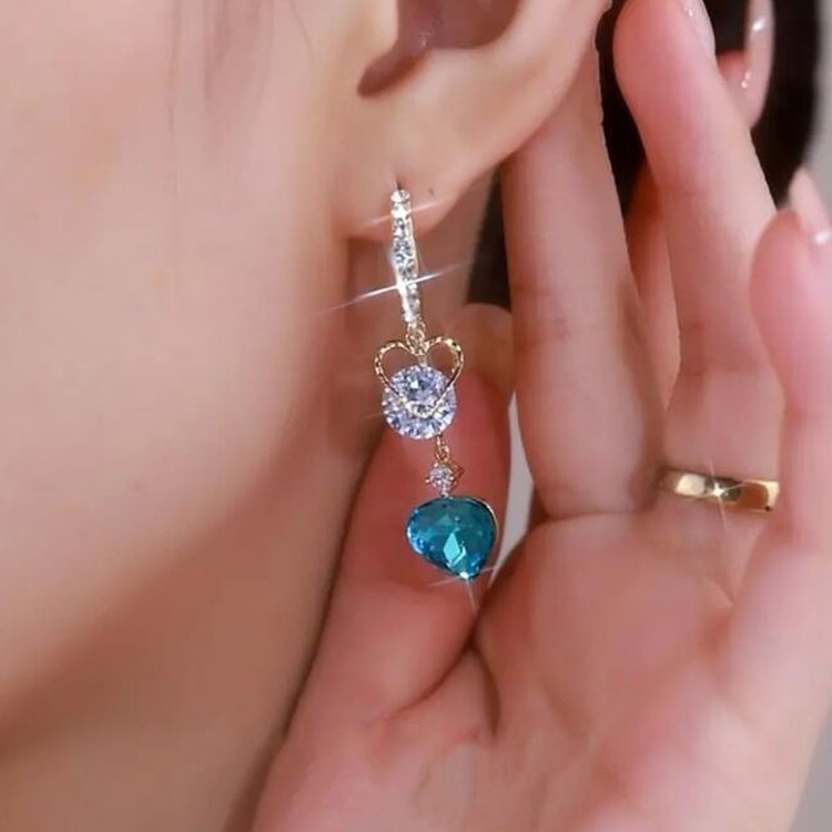 藍色水晶愛心流蘇耳環