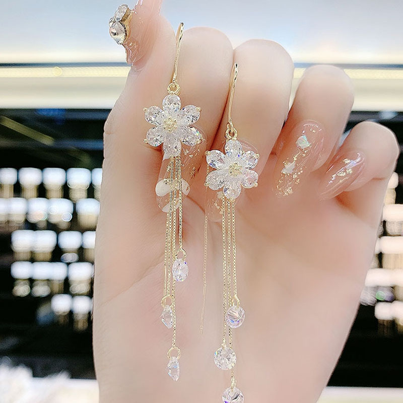 水晶花朵流蘇耳環  