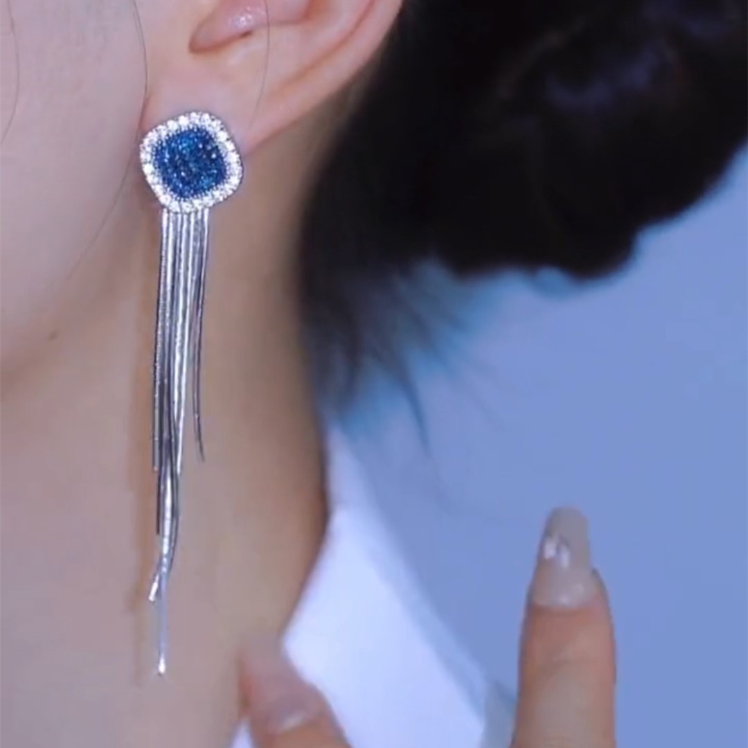藍鑽銀色長流蘇耳環