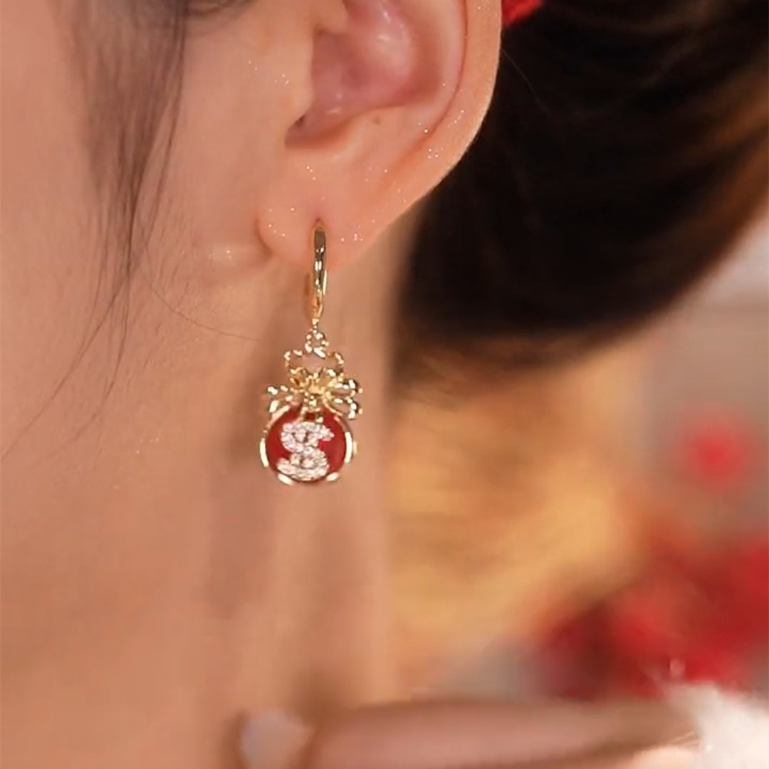 新年紅色招財錢袋耳環