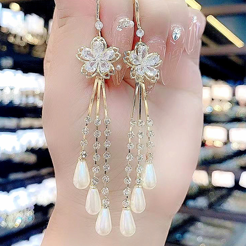 鋯石花朵流蘇耳環