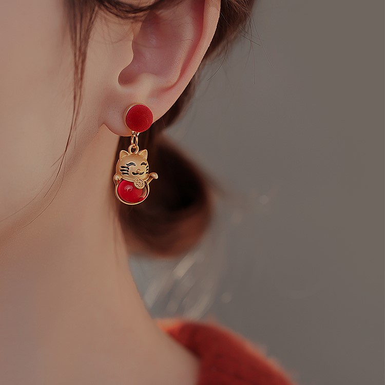 紅色發財貓耳環