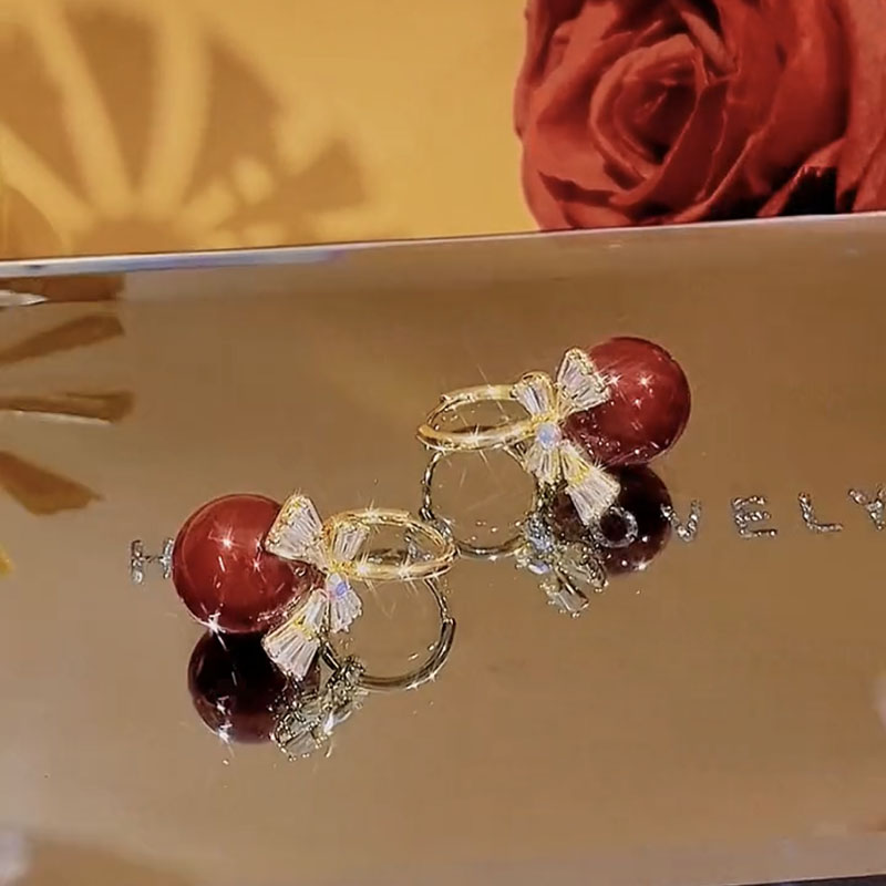 紅色珍珠鋯石蝴蝶結耳環