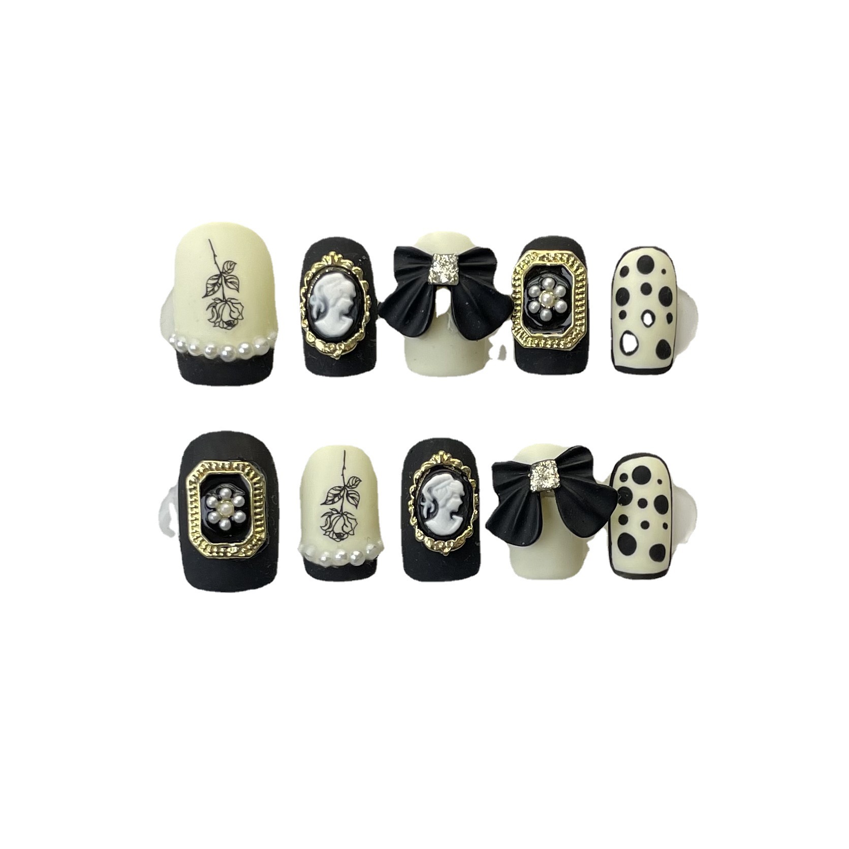 手工穿戴甲 | 黑色短方玫瑰赫本小香風蝴蝶結穿戴甲【2件免運】