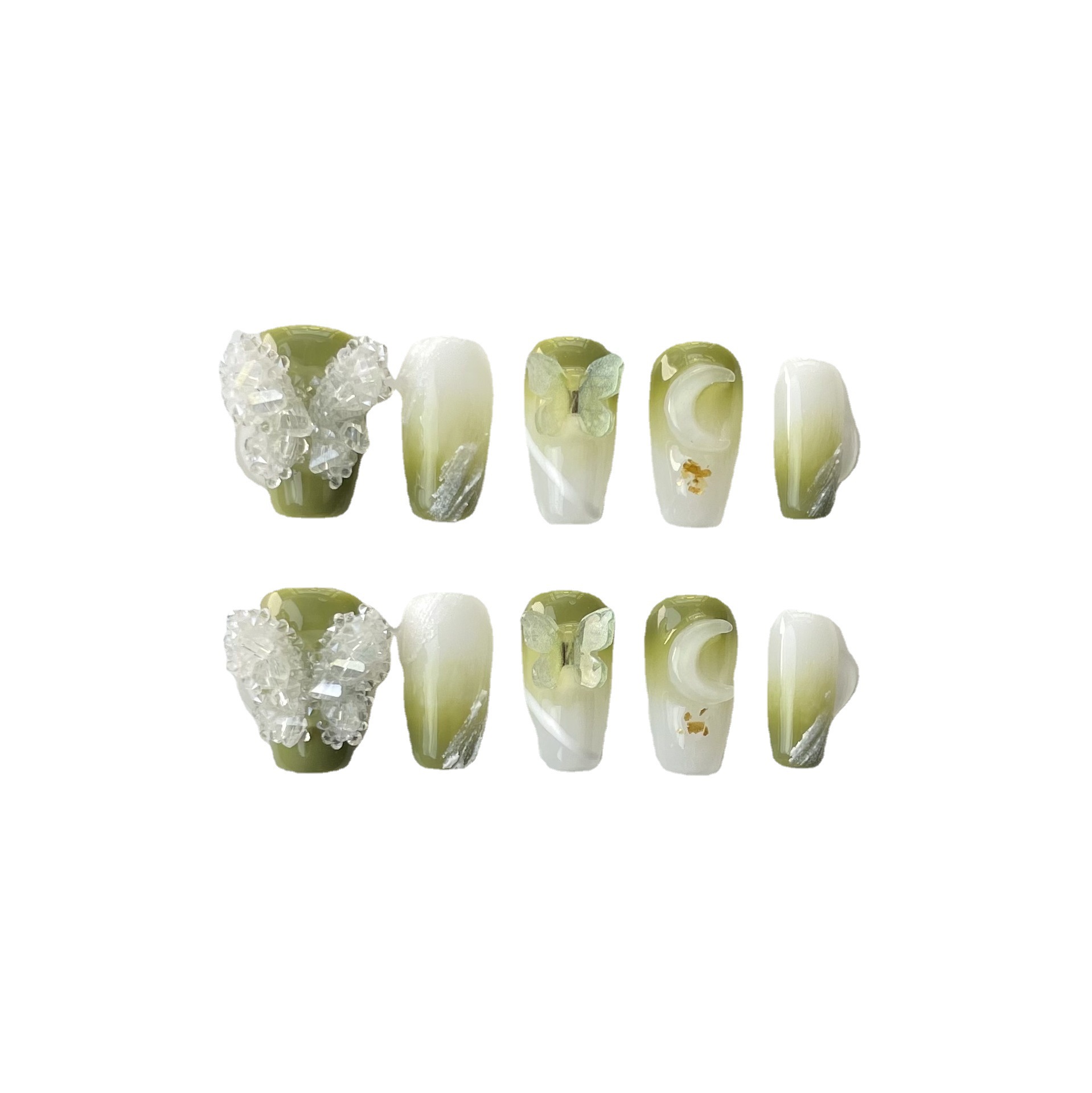 手工穿戴甲 | 夏日暈染漸變小清新水晶蝴蝶淺綠色美甲【2件免運】