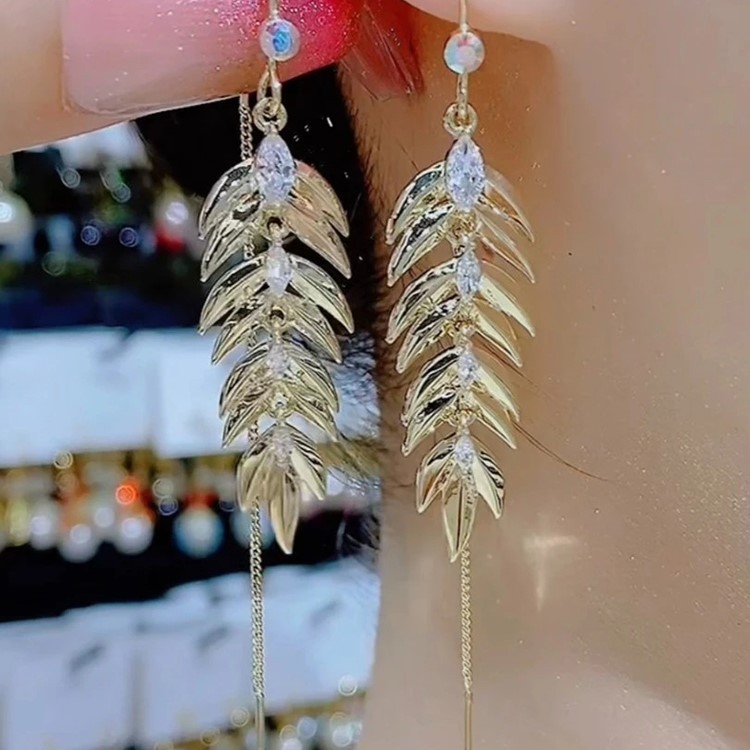 輕奢高級感葉子耳線麥穗流蘇耳環