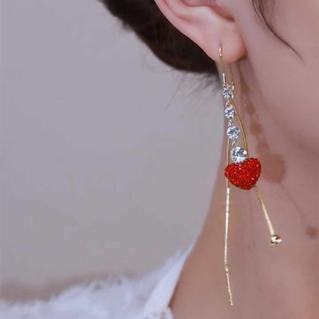 滿鑽紅色愛心流蘇耳線