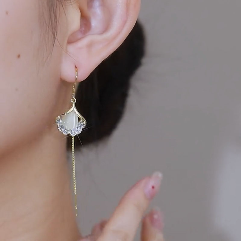 貓眼石銀杏葉耳線