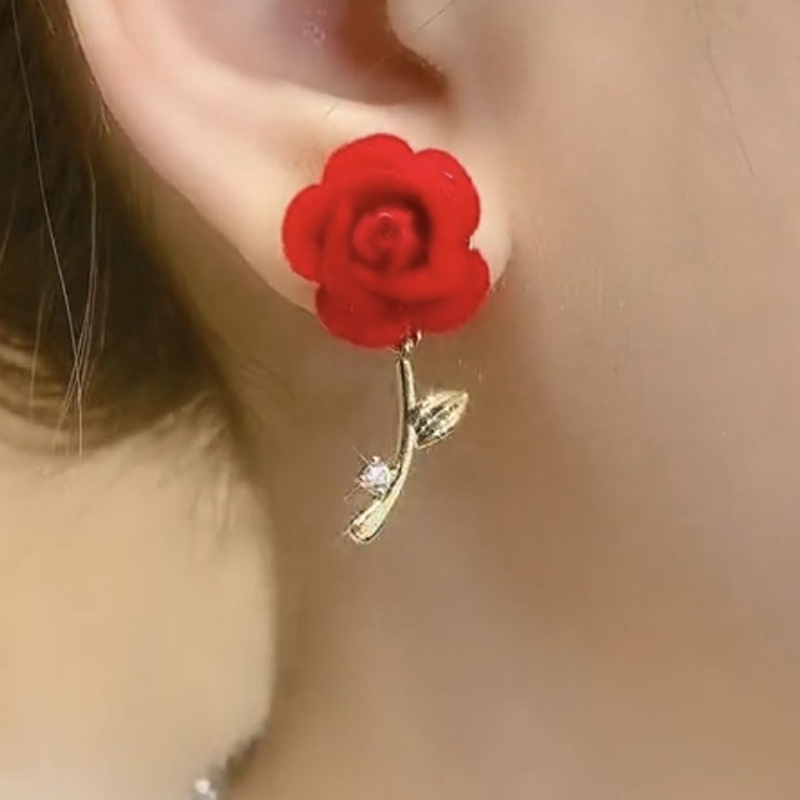 浪漫紅色玫瑰花耳環