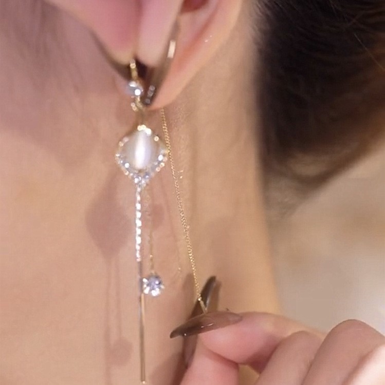 鋯石貓眼石長款流蘇耳環