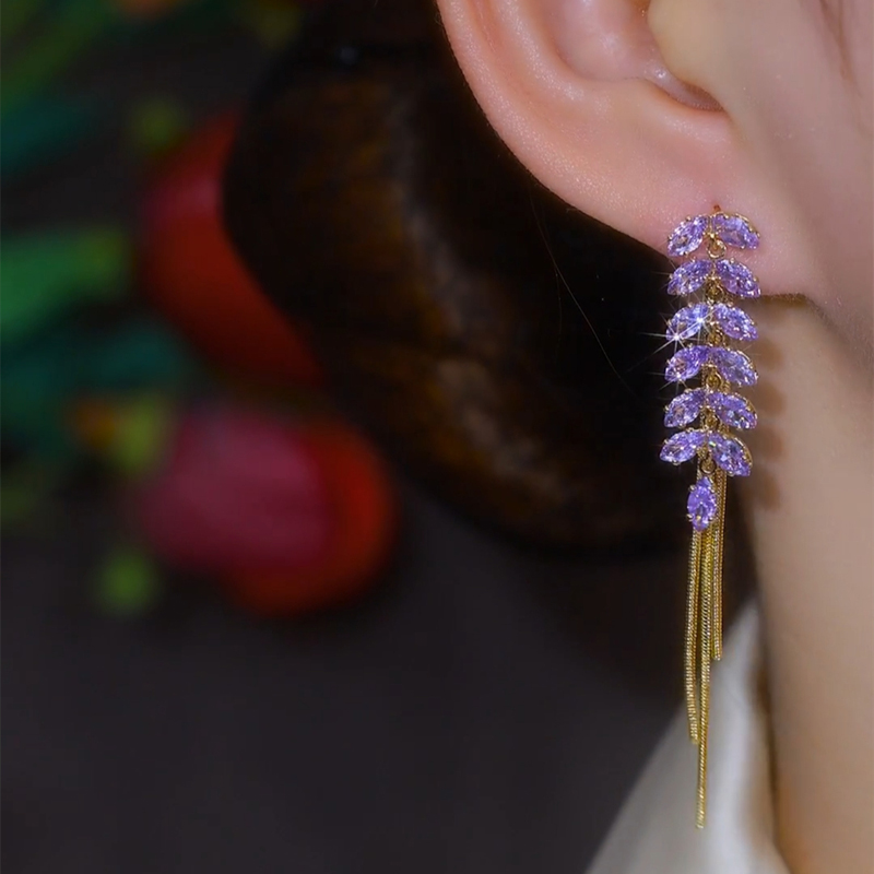 紫色麥穗長款流蘇耳環