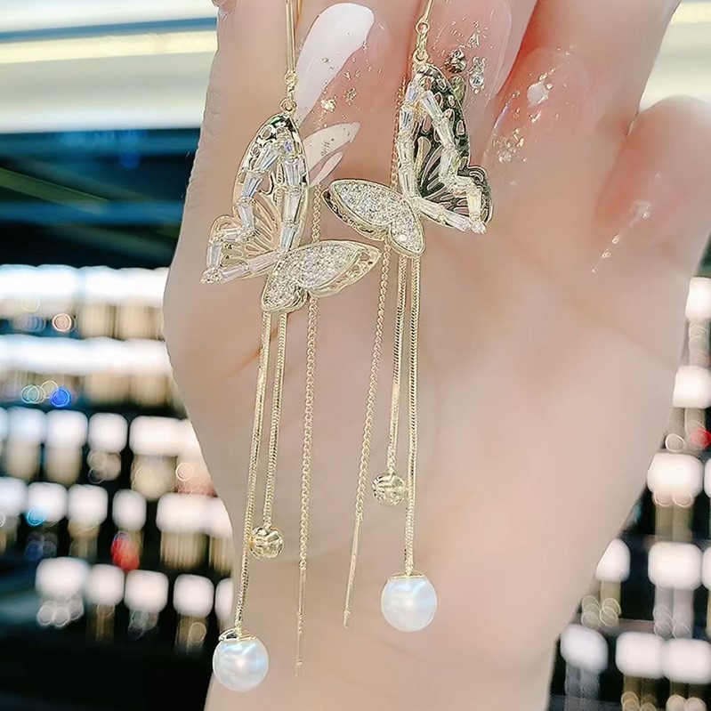 高級感鋯石珍珠蝴蝶耳環