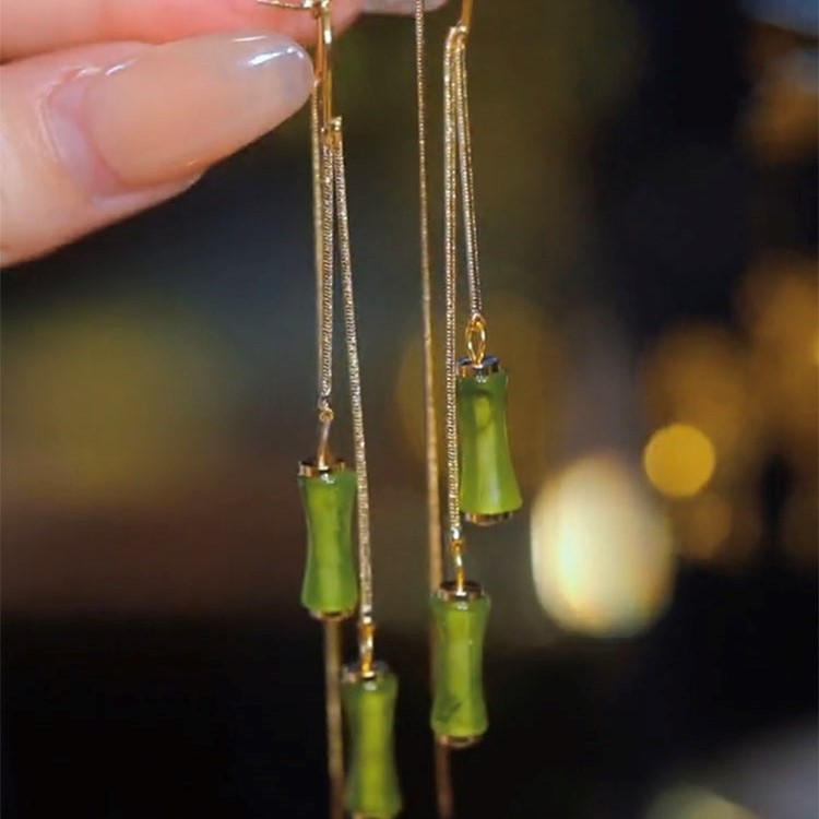 橄欖綠富貴竹節流蘇耳環