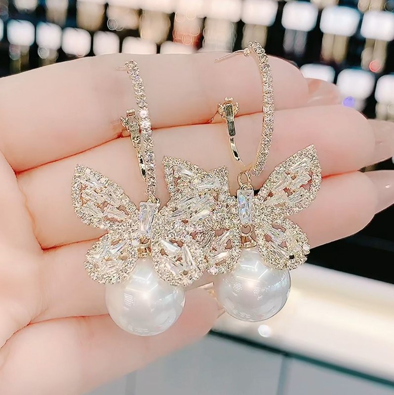 超仙閃亮蝴蝶結珍珠耳環