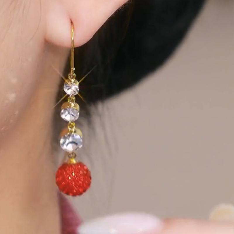 紅色鑽球流蘇耳環  