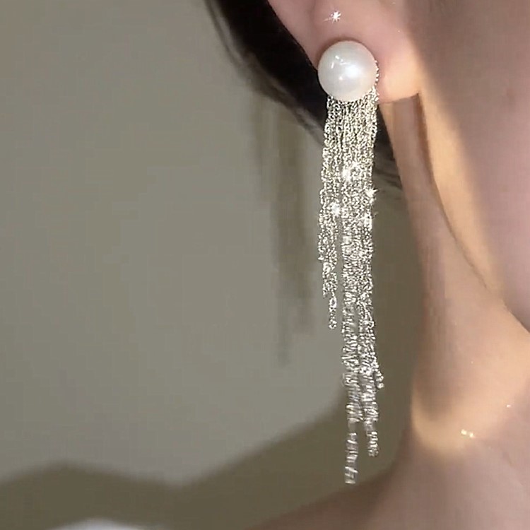 長款珍珠流蘇耳環