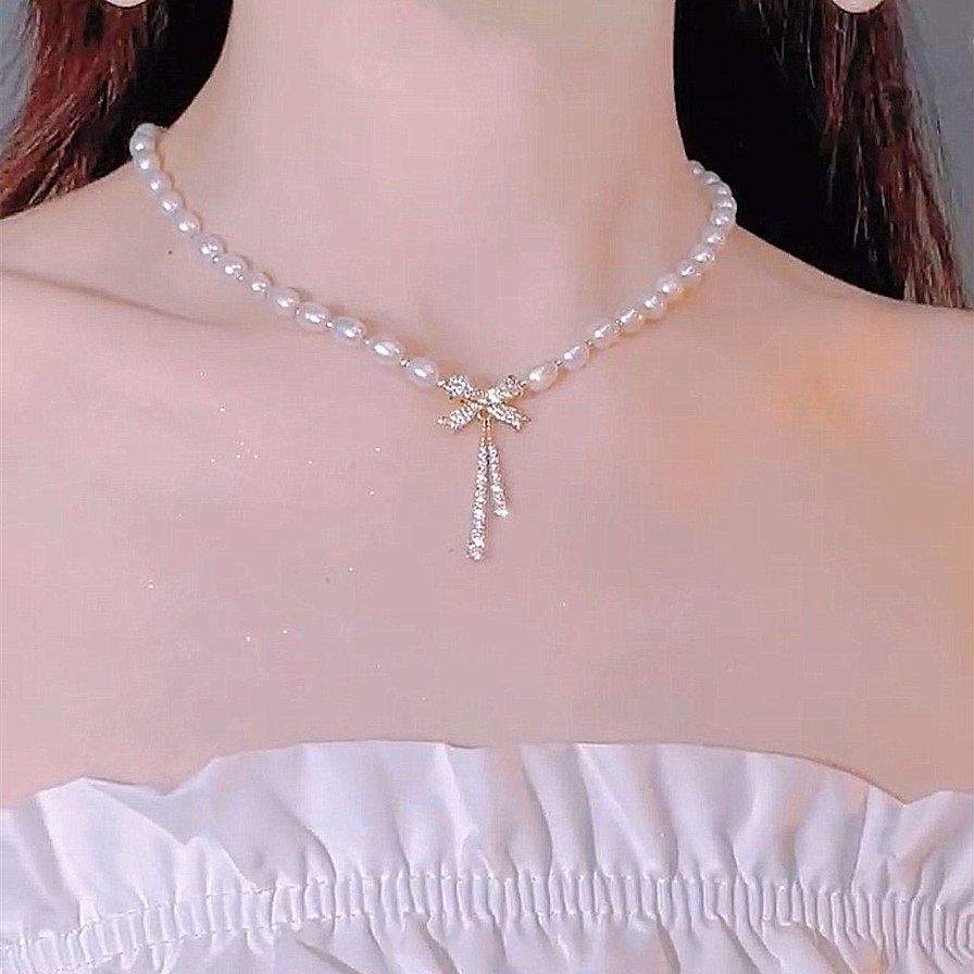 蝴蝶結珍珠項錬鎖骨錬