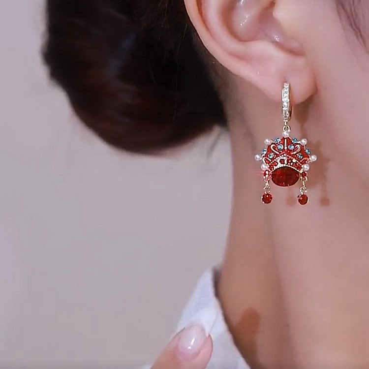 中國風紅色京劇臉譜耳環