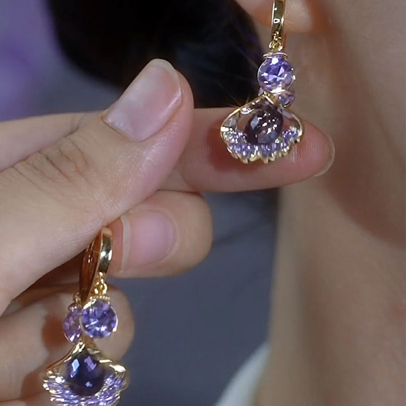 紫色銀杏葉貓眼石耳環