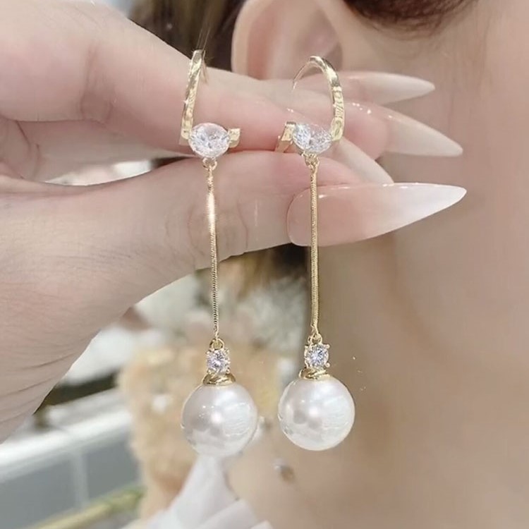 氣質鋯石長款珍珠流蘇耳環