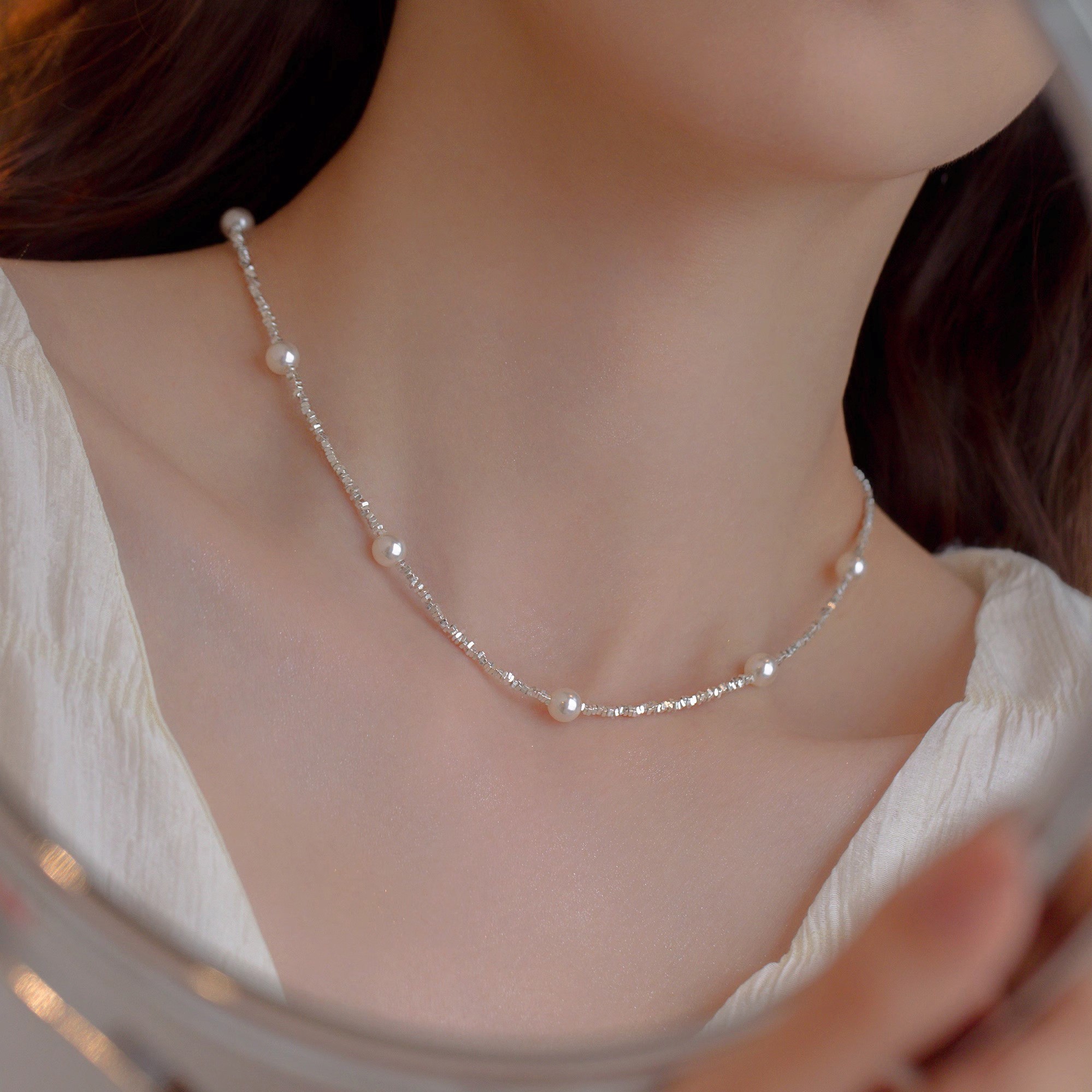 S925純銀碎銀珍珠項錬