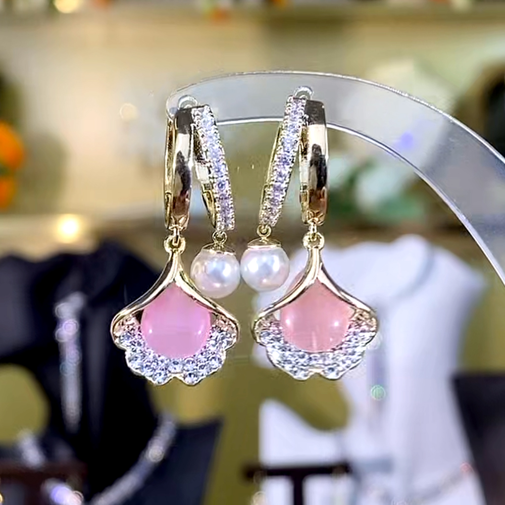 紅色銀杏葉珍珠耳環    